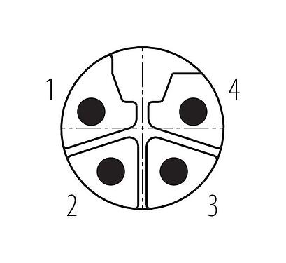 Disposition des contacts (Côté plug-in) 99 0637 58 04 - M12 Connecteur mâle coudé, Contacts: 4, 8,0-13,0 mm, non blindé, pince à visser, IP67, M12x1,0, pour l'alimentation électrique