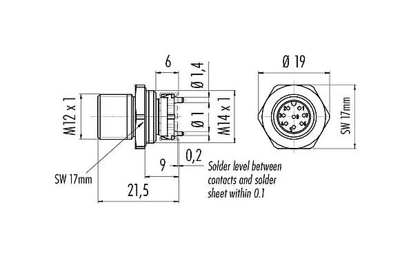 Scale drawing M12 Male panel mount connector, Contacts: 8, unshielded, SMT, IP67, M12x1.0, Front mounting