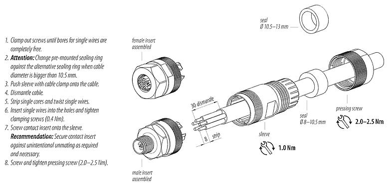 Instrução de montagem M12 Plugue de cabo, Contatos: 5, 8,0-13,0 mm, desprotegido, pinça de parafuso, IP67, M12x1,0, Aço inoxidável