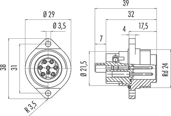 Rysunek z wymiarami RD24 Złącze panelowe męskie, Kontaktów: 6+PE, nieekranowany, zacisk śrubowy, IP67, UL, ESTI+, VDE, Montaż z przodu