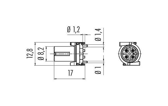 Desenho da escala 09 0442 601 04 - M12 Soquete de montagem embutida, Contatos: 4, blindável, SMT, IP67, para SMT