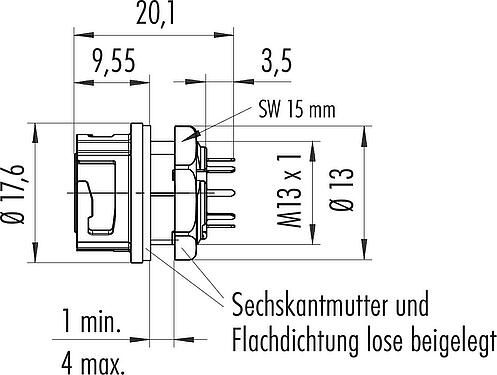 Maßzeichnung Bajonett Flanschdose, Polzahl: 8, ungeschirmt, THT, IP67, Frontmontage