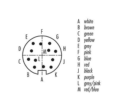 Disposition des contacts (Côté plug-in) M16 Connecteur mâle coudé, Contacts: 12 (12-a), blindé, surmoulé sur le câble, IP67, TPE-U (PUR), noir, 12 x 0,25 mm², 2 m