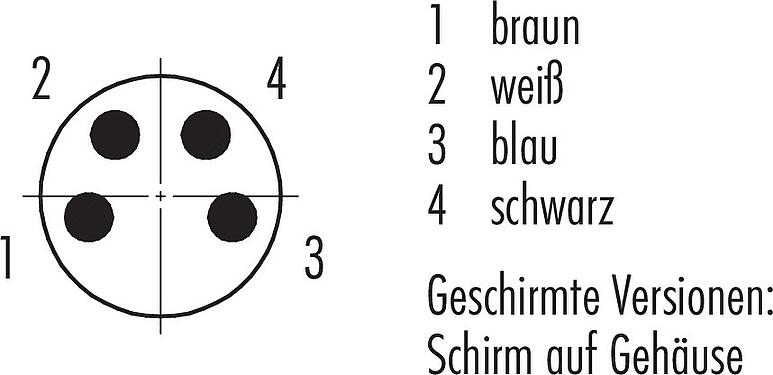 Polbild (Steckseite) M8 Kabelstecker, Polzahl: 4, geschirmt, am Kabel angespritzt, IP67, UL 2238, PVC, grau, 4 x 0,34 mm², 5 m