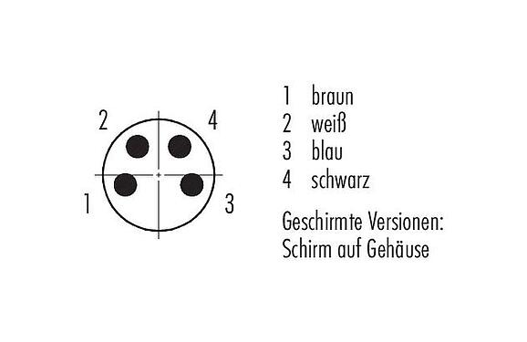 Polbild (Steckseite) M8 Kabelstecker, Polzahl: 4, geschirmt, am Kabel angespritzt, IP67, UL 2238, PVC, grau, 4 x 0,34 mm², 5 m