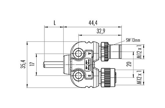 Bản vẽ tỷ lệ 79 5238 20 04 - M12/M12 Tủ phân phối đôi, nhà phân phối Y, Số lượng cực : 4, không có chống nhiễu, ép phun vào dây cáp, IP68, UL 2238, PUR, màu đen, 4x0,25mm², 2m