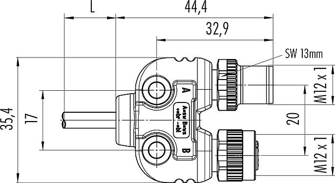 Scale drawing M12 Twin distributors, Y-distributor, Contacts: 4, unshielded, moulded on the cable, IP68, UL 2238, PUR, black, 4 x 0.25 mm², 2 m