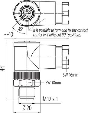 Skalritning M12 Vinkelplugg, antal poler: 4, 6,0-8,0 mm, oskärmad, skruvkläm, IP67, UL 2238