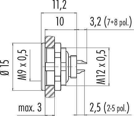 Maßzeichnung M9 Flanschdose, Polzahl: 3, ungeschirmt, löten, IP67, M12x0,5, Frontmontage