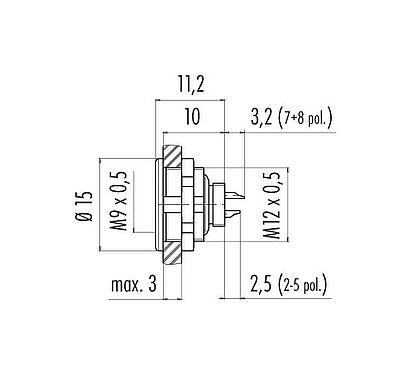 Schaaltekening 09 0424 00 07 - M9 Female panel mount connector, aantal polen: 7, onafgeschermd, soldeer, IP67