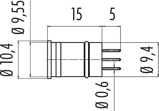 Scale drawing M12 Male receptacle, Contacts: 4, unshielded, THT, IP67
