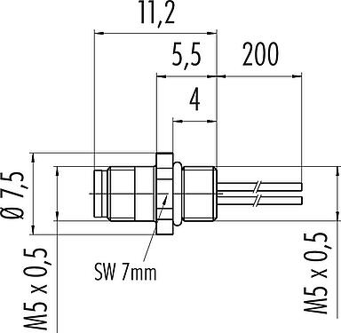 Dessin coté M5 Embase mâle, Contacts: 3, non blindé, fils, IP67, M5x0,5, Montage frontal, coulé