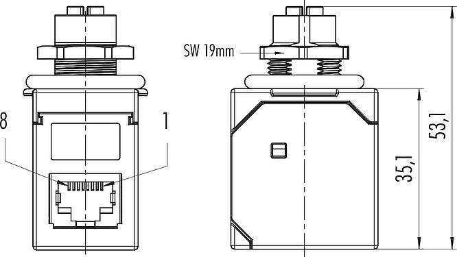比例图 M12 用于穿控制柜 孔头连接器-RJ45 弯角, 极数: 8, 屏蔽, 插拔式, IP67, UL, 後壁安裝