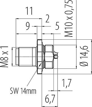 Bản vẽ tỷ lệ M8 Phích cắm gắn bảng, Số lượng cực : 3, hàn, IP67/IP69K, M10x0,75, Gắn phía trước, với cốc hàn