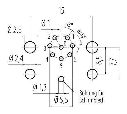 Leiterplattenlayout M12 Flanschstecker, Polzahl: 8, schirmbar, THR, IP68, UL 2238, M12x1,0, Rückwandmontage, für die Leiterplattenmontage