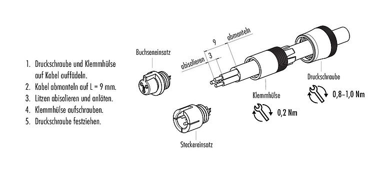 Montageanleitung Snap-In Kabelstecker, Polzahl: 3, 4,0-5,0 mm, ungeschirmt, löten, IP40