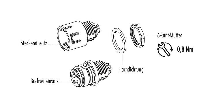 Einzelteildarstellung Snap-In Flanschdose, Polzahl: 8, ungeschirmt, löten, IP67, UL 2238, VDE, M12x1,0, Frontmontage
