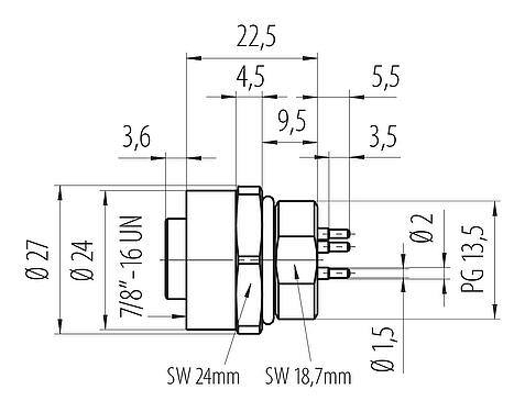 Schaaltekening 7/8" Female panel mount connector, aantal polen: 2+PE, onafgeschermd, THT, IP68, UL 2238, VDE, Frontaansluiting, gegoten