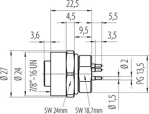 Maßzeichnung 7/8" Flanschdose, Polzahl: 4, ungeschirmt, THT, IP68, UL 2238, VDE, Frontmontage, vergossen