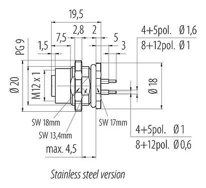 Scale drawing M12 Female panel mount connector, Contacts: 5, unshielded, THT, IP68, UL 2238, PG 9, Rear mounting, stainless steel