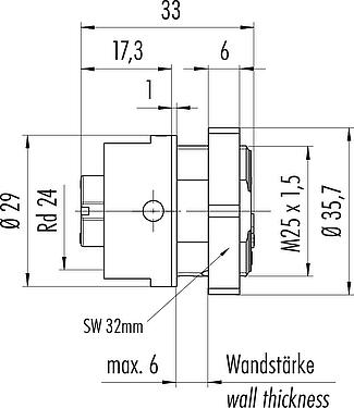 Scale drawing RD24 Female panel mount connector, Contacts: 3+PE, unshielded, screw clamp, IP67, UL, ESTI+, VDE, Front mounting