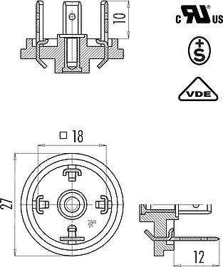 Dessin coté Embase mâle pour appareils, Contacts: 2+PE, non blindé, souder, IP40 sans joint, UL, ESTI+, VDE