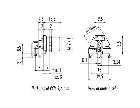 Dessin coté M12 Embase mâle, coudé, Contacts: 4, blindable, THR, IP68, UL 2238, Montage mural arrière, pour assemblage PCB