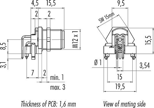 Disegno in scala M12 Connettore maschio a flangia, angolato, Numero poli: 4, schermabile, THR, IP68, UL 2238, Montaggio su panello posteriore, per l'assemblaggio di PCB