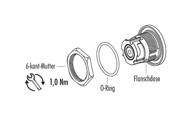 Einzelteildarstellung Bajonett Flanschdose, Polzahl: 8, ungeschirmt, THT, IP67 (auch ungesteckt), Rückwandmontage
