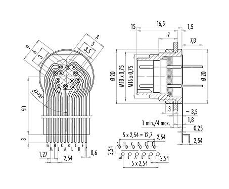 Connection & dimensions M16 Male panel mount connector, Contacts: 12 (12-a), unshielded, THT, IP40, M18x0,75, Rear mounting