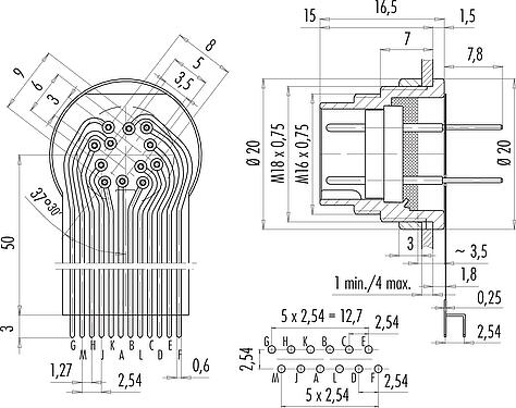 Connection & dimensions M16 Male panel mount connector, Contacts: 12 (12-a), unshielded, THT, IP40, M18x0,75, Rear mounting