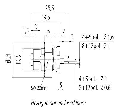 Scale drawing M12 Female panel mount connector, Contacts: 5, unshielded, THT, IP67, UL 2238, PG 9, Rear mounting