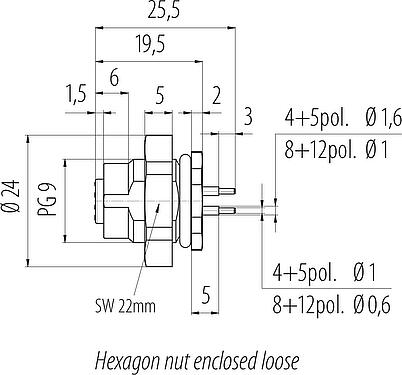 縮尺図 M12 メスパネルマウントコネクタ, 極数: 8, 非シールド, THT, IP67, UL 2238, PG 9, 背面パネルマウント
