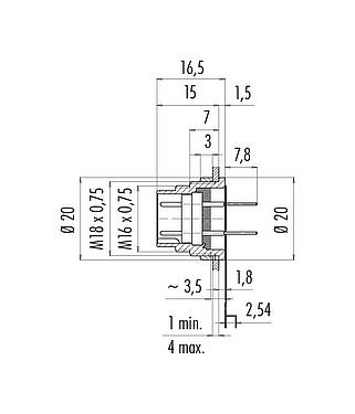 Scale drawing M16 Male panel mount connector, Contacts: 12 (12-a), unshielded, THT, IP40, M18x0,75, Rear mounting