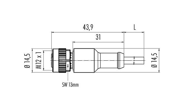 Maßzeichnung 77 3430 0000 80204-0200 - M12 Kabeldose, Polzahl: 4, ungeschirmt, am Kabel angespritzt, IP69K, PUR, schwarz, 4 x 0,34 mm², für Schweißanwendungen, 2 m