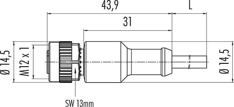 比例图 M12 直头孔头电缆连接器, 极数: 4, 非屏蔽, 预铸电缆, IP68/IP69K, UL 2238, PUR, 橙色, 4x0.34 mm², 用于焊接应用, 2m