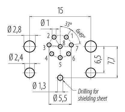 Disposición del conductor M12 Enchufe de brida, Número de contactos: 8, blindable, THR, IP68, UL 2238, M12x1,0, Montaje en pared, para montaje de PCB