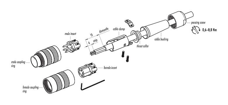 Instructions de montage M16 Connecteur femelle, Contacts: 4 (04-a), 6,0-8,0 mm, blindable, pince à visser, IP40