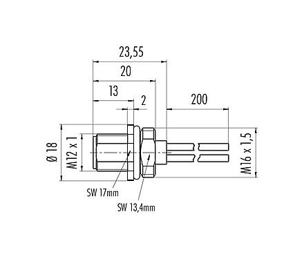 Schaaltekening 09 0631 700 04 - M12 Male panel mount connector, aantal polen: 4, onafgeschermd, draden, IP68, UL, VDE, M16x1,5