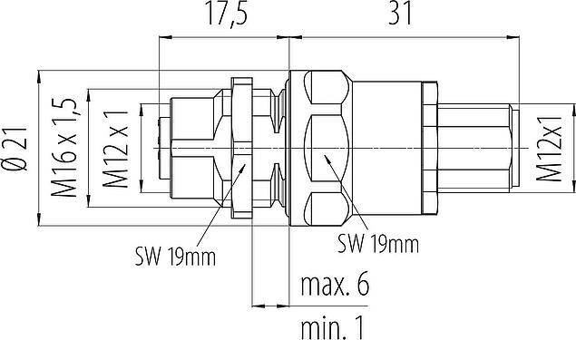 Scale drawing M12 Lead-through for control cabinet, Contacts: 4, shielded, pluggable, IP67, UL 2238, M12x1.0, Rear mounting