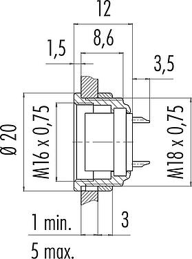 스케일 드로잉 M16 플랜지 리셉터클, 콘택트 렌즈: 24, 차폐되지 않음, 솔더, IP40, M18x0,75, 전면 마운팅