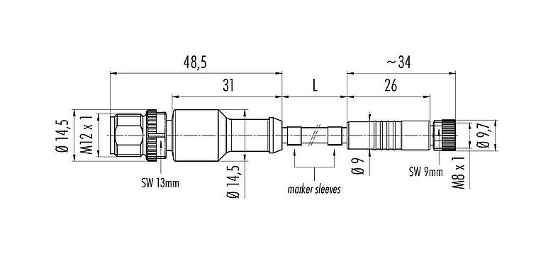 Scale drawing M12/M8 Male cable connector - female cable connector, Contacts: 3, unshielded, moulded on the cable, IP67/IP69K, UL 2238, PUR, black, 3 x 0.34 mm², 2 m