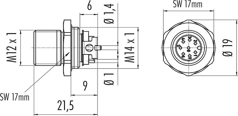 Maßzeichnung M12 Flanschstecker, Polzahl: 8, ungeschirmt, SMT, IP67, M12x1,0, Frontmontage