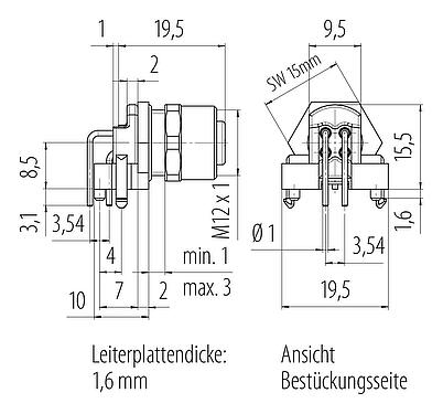Maßzeichnung 99 3732 202 04 - M12 Flanschdose, Polzahl: 4, ungeschirmt, THR, IP67, UL 2238, zweiteilige Ausführung