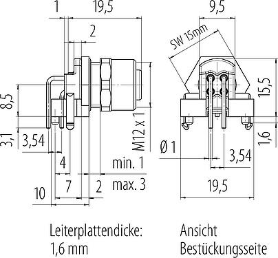 Maßzeichnung M12 Flanschdose, Polzahl: 4, ungeschirmt, THR, IP67, UL 2238, M12x1,0, Rückwandmontage, zweiteilige Ausführung