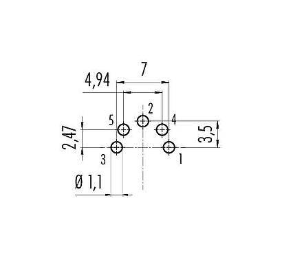 Conductor layout M16 Male panel mount connector, Contacts: 5 (05-b), unshielded, THT, IP67, UL 2238, M18x0,75, Rear mounting