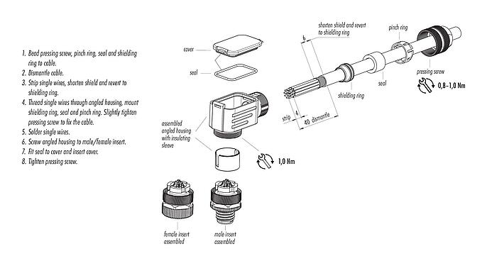 Assembly instructions M12 Female angled connector, Contacts: 12, 6.0-8.0 mm, shieldable, solder, IP67, UL 2238, with shielding ring