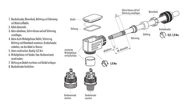 Montageanleitung M12 Winkelstecker, Polzahl: 8, 6,0-8,0 mm, schirmbar, schraubklemm, IP67, UL 2238, mit Schirmring