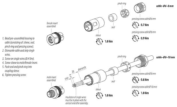 Istruzioni di montaggio M12 Connettore cavo maschio, Numero poli: 4, 8,0-10,0 mm, non schermato, morsetto a vite, IP67, Acciaio inox