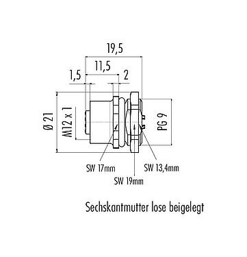 Maßzeichnung M12 Flanschdose, Polzahl: 4, ungeschirmt, löten, IP67, UL 2238, PG 9, Frontmontage